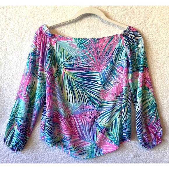 Lilly Pulitzer Adira in Multi Scarlet Off Shoulder Silk Top Blouse Size XXS - Picture 7 of 11